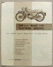 GREEVES 249cc MODELLO 25D FLEETWING Rapporto Test Stradale 10 Gen 1957 Ristampa Rivista