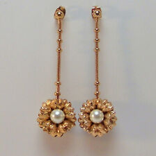 Orecchini donna lunghi fiore perla eleganti stile vintage antico dorati regalo