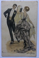 Cartolina donnine coppia abito danza fiori liberty  T8