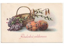 1941 cesto violette fiori di salice uova decorate cartolina Pasqua Velikonoce