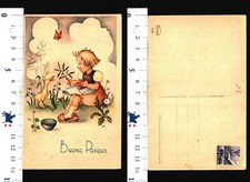CARTOLINA AUGURALE BUONA PASQUA - DISEGNO DI BIMBA SEDUTA E PAPEROTTO- 27799
