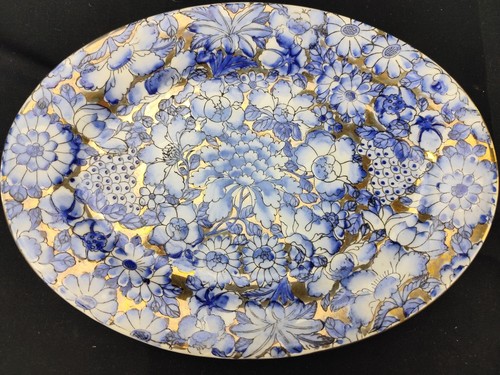 Piatto ovale fiori blu - ovale, oro