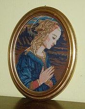 Quadro ovale Madonna ricamata a mano • Cornice di legno • Vintage