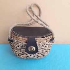 CESTINO BORSETTA PORTA FUNGHI IN CORDA, PELLE E VIMINI PRIVO CHIUSURA, anni '70