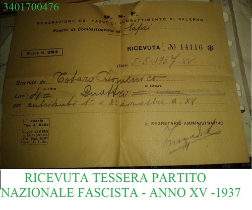 Ricevuta tessera partito - ricevuta,