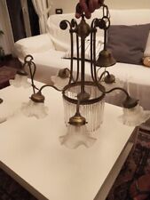 Lampadario Antico Stile Mariateresa In Ottone Vetro Cristalli e coppia bajours 