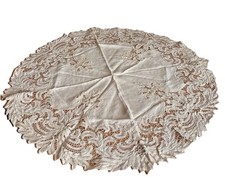 Copritavolo Vintage Ecru Lino Battenberg Pizzo 41” Rotondo Fatto a Mano Anni 30-50 Vedi Foto