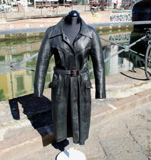 Trench lungo donna in pelle nera vintage con cintura – Taglia 42 M