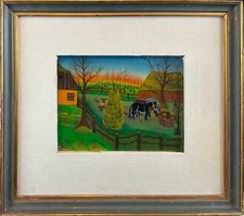 Josip Horvat Joska (1939-1981) Quadro Dipinto su Vetro Arte Naif Croata Cornice