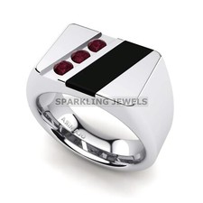 Granato pietra preziosa taglio tondo con anello in argento sterling 925 da uomo #D96