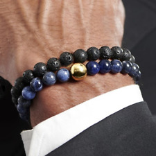 Bracciale da uomo con Lapislazzuli blu Pietra Lavica nero oro perle braccialetto