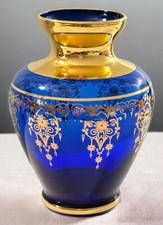 Vintage Vecchia Murano Vaso Empoli Blu Cobalto Vetro Oro Dorato 5" Ore Vetro Campana