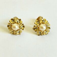 Orecchini clip lobo metallo oro bigiotteria Vintage 80s perla fiori brillanti