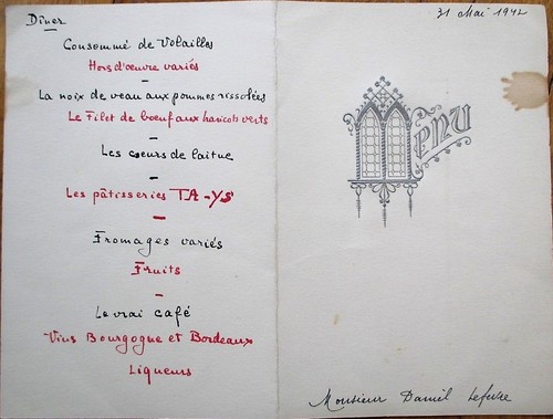 Menu french 1942 - french,, handwritten