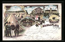 Litografia Darmstadt, campo pratica, quartiere ristorante, campo tendato 