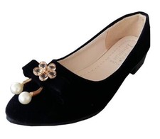 Scarpe Ballerine Donna Nero Finto Camoscio Perle Bianche Fibbia Fiore