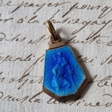 Ciondolo Medaglia San Cristoforo 1920 smalto metallo dorato smalto