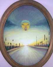 quadro ovale olio su tela 40x50cm volto alieno, con cornice in legno massiccio