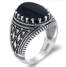 Anello Uomo Argento 925 Massiccio con Pietra Nera Chevalier Tondo Agata Sigillo