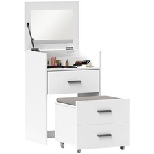 HOMCOM Tavolo da Trucco in MDF con Specchio, 2 Cassetti e Sgabello Bianco