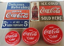 Lotto 2 Insegne Metallo Coca-Cola + 3 Scatole Latta refCO