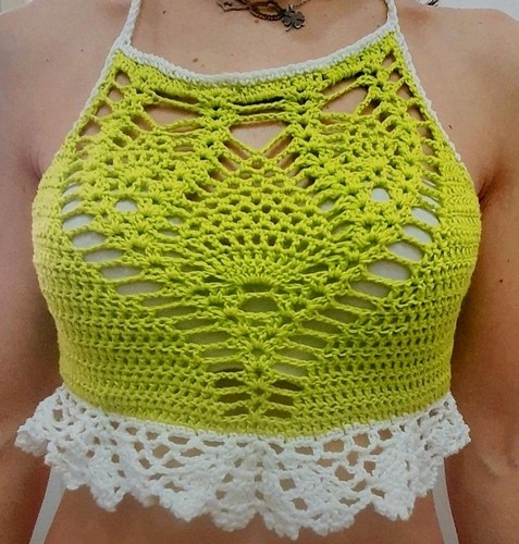 Top uncinetto lime con motivo - top,