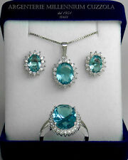 PARURE ARGENTO 925 ACQUAMARINA BRILLANTI ROD ORO. BIAN. COLLANA+ORECCHINI+ANELLO