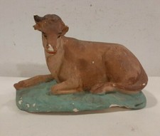 Antico pastore per presepe - animale BUE MUCCA con PRATO - vintage in GESSO