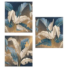Lupia - Set 3 Quadri Moderni su Tela, LEAVES WHITE BLUE Foglie Blu e Oro, 57x57 