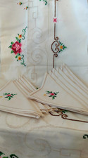 Grande Tovaglia Ricamata a Mano Punto Croce Fiori Rose Cotone Bianco Vintage