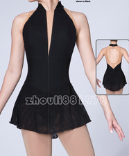 Vestito Pattinaggio su Ghiaccio Competizione Figura Pattinaggio Twirling Costume Nero