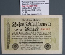 Ros.105c/DEU-118e 10 Mio. Mark 22.8.1923 Wz.: Ringe Erh.I- (fast kassenfrisch)