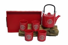 130 Servizio da Tè Set Ceramica 5 Pz. Cina Asia Teiera Vassoio IN Legno