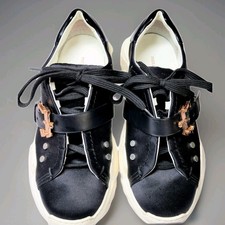 PAULA CADEMARTORI nero raso oro rosa ferramenta suola grossa allenatore taglia 10