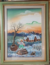 MAGNIFICO QUADRO NAIF - CONTADINA SULLA NEVE