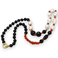 Collana di perle Scaramazze, Onice e Corallo, L 66 cm ca. Chiusura in Argento 92