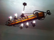  LAMPADARIO  ARTIGIANALE 6 LUCI IN FERRO BATTUTO E LEGNO MARTELLATO made ITALY