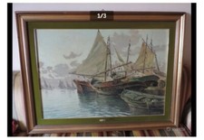 Quadro di Francesco Maria Pieri, olio su tela, raffigurante "Barche in porto".