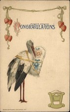 Cicogna Bimbo Culla Legno Annuncio Nascita Winsch Goffrato Anni 1900-20 Vintage PC