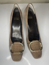 Stuart Weitzman The Tube Goose Bump Nappa Leather Heels Gold Buckle Size 7.5N