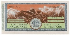 12 LIRE GRANDE LOTTERIA IPPICA DI MERANO OTTOBRE 1941 XIX SUP+