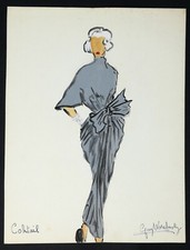 Figurino moda fatto a mano bozzetto originale anni '40 firmato abito da cocktail