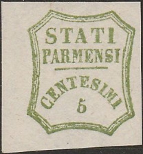 62 - Parma - 1859 - 5 c. verde giallo n. 13. Cert. A. Bolaffi. Margini ecceziona