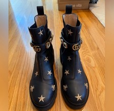 Gucci stivaletto in pelle ricamato stelle e api con cintura nero 39EU 9/9,5 US