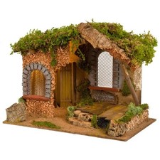 Capanna grande per presepe con muschio e corteccia, stile rustico artigianale