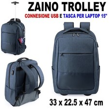 ZAINO TROLLEY CARTELLA BORSA CON ROTELLE E SPALLACCI TASTA LAPTOP USB NERO BLU