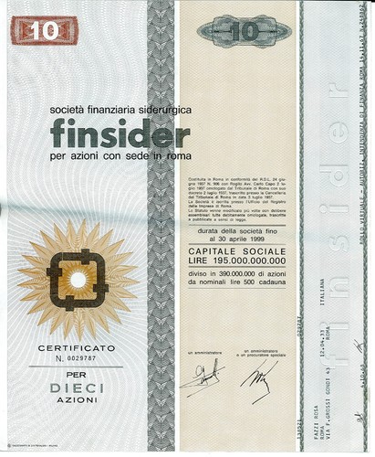 Finsider azioni certificato - finsider,