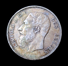 Belgio 1875 Re Leopoldo II Leone Moneta D'Argento 5 Franchi Originale