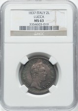 ITALIA TOSCANA LUCCA 1837 MONETA ARGENTO 2 LIRE, NON CIRCOLATA NGC CERTIFICATA MS63