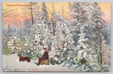 Canadian Winter Scene Boy Sled